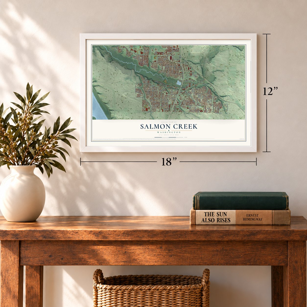 Salmon Creek, Washington map, 12 x 18 inch print in a white frame in an entryway