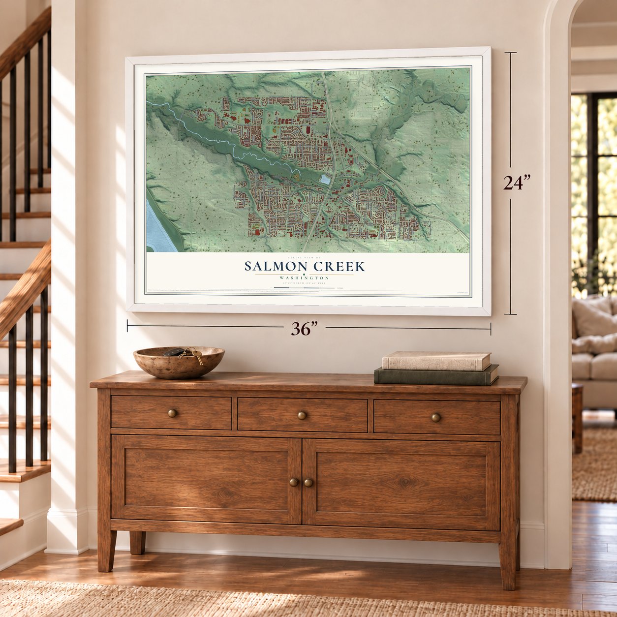 Salmon Creek, Washington map, 24 x 36 inch print in a white frame above a dresser by a staircase