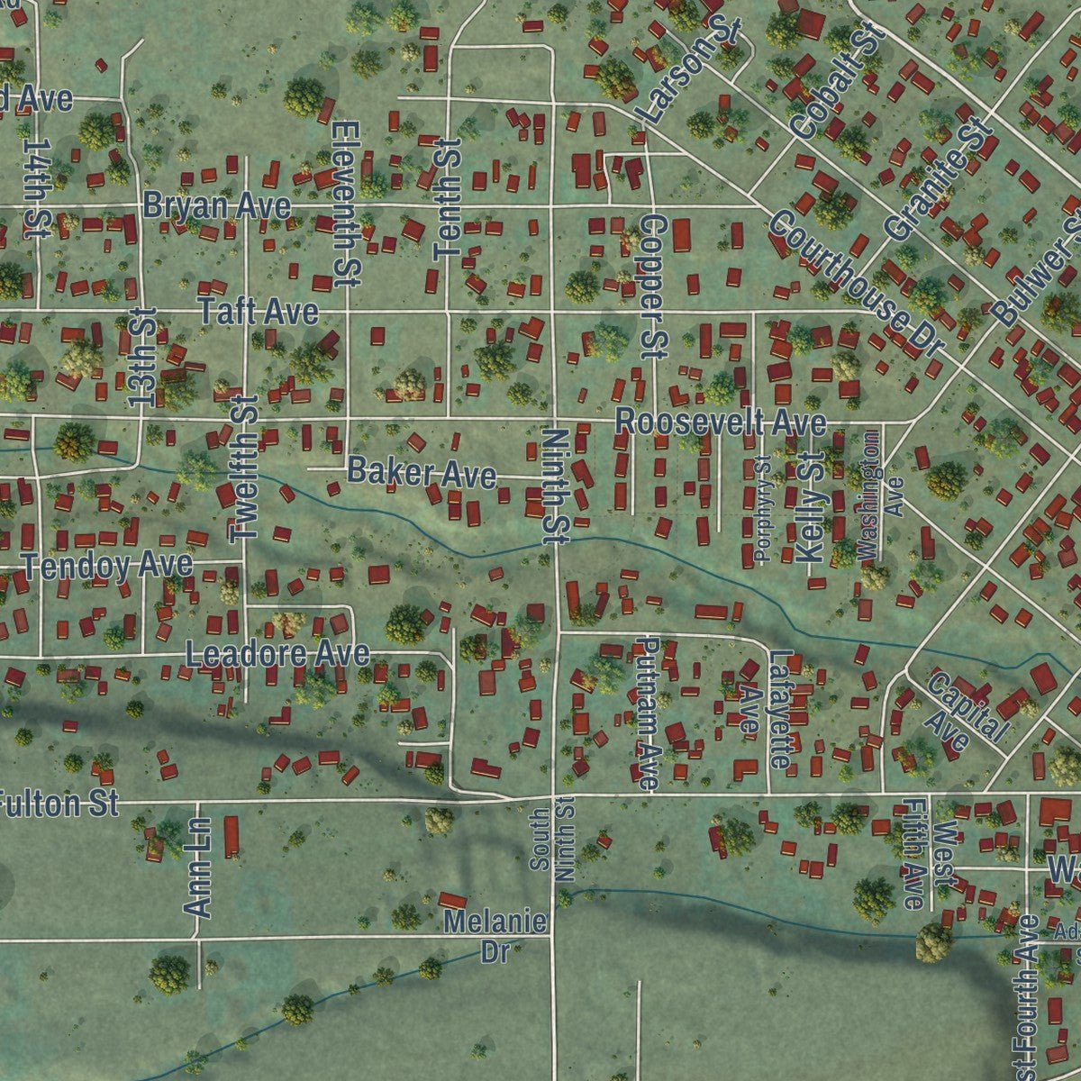 Second close-up of the map of Salmon, Idaho print showing more streets and buildings