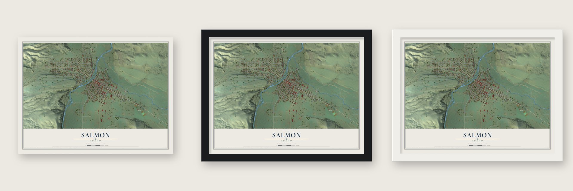 Salmon, Idaho map unframed, in a black wood frame and in a white wood frame