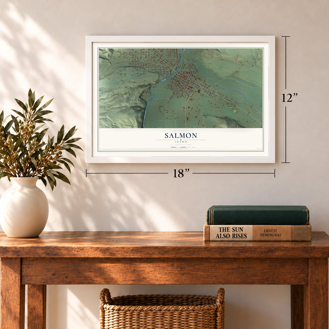 Salmon, Idaho map, 12 x 18 inch print in a white frame in an entryway