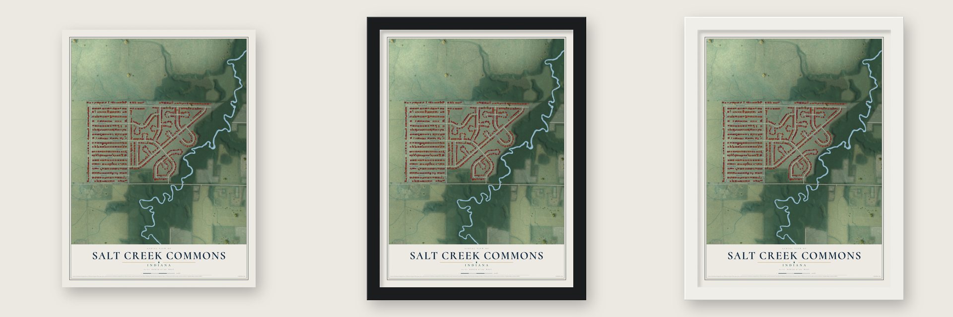 Salt Creek Commons, Indiana map unframed, in a black wood frame and in a white wood frame