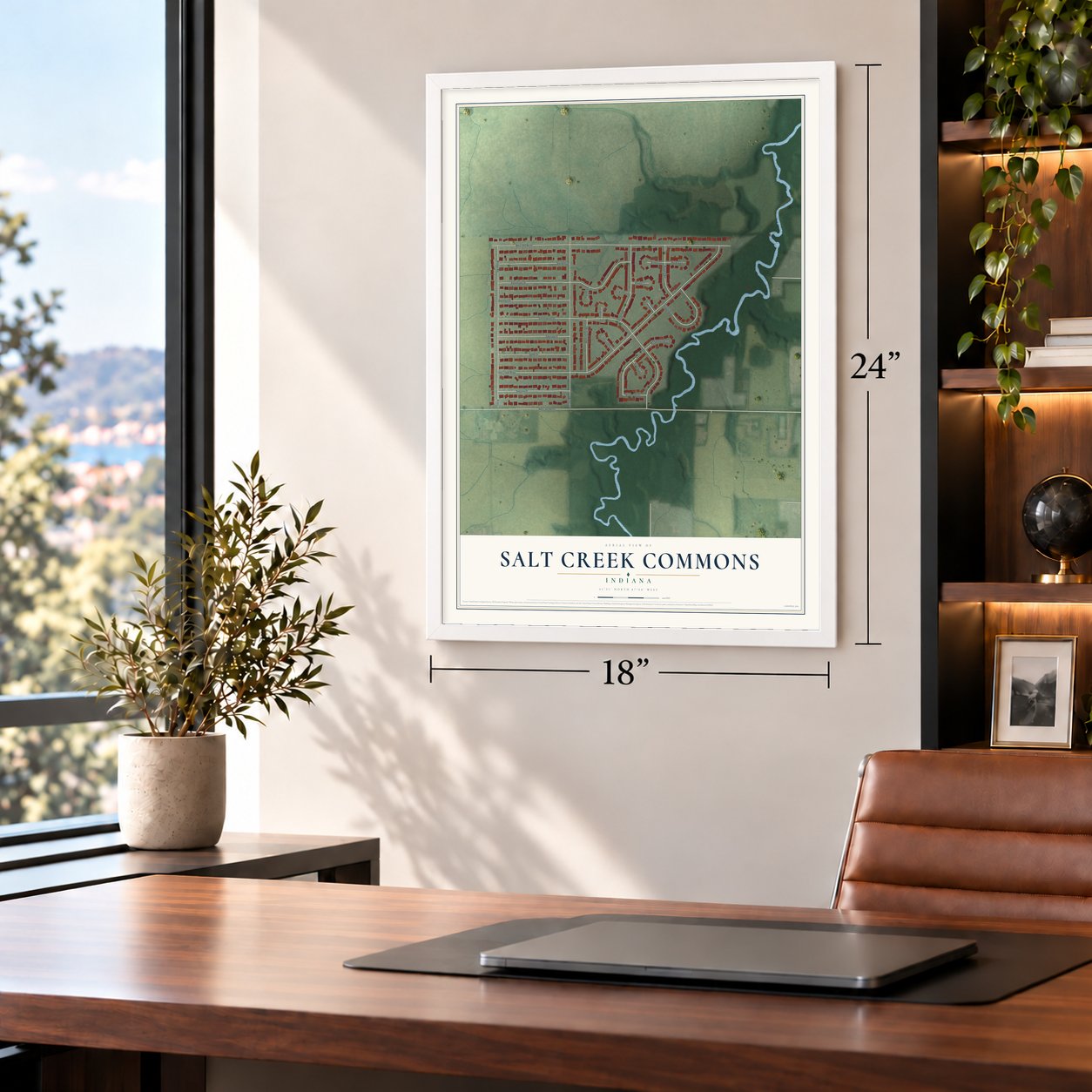 Salt Creek Commons, Indiana map, 18 x 24 inch print in a white frame in a home office