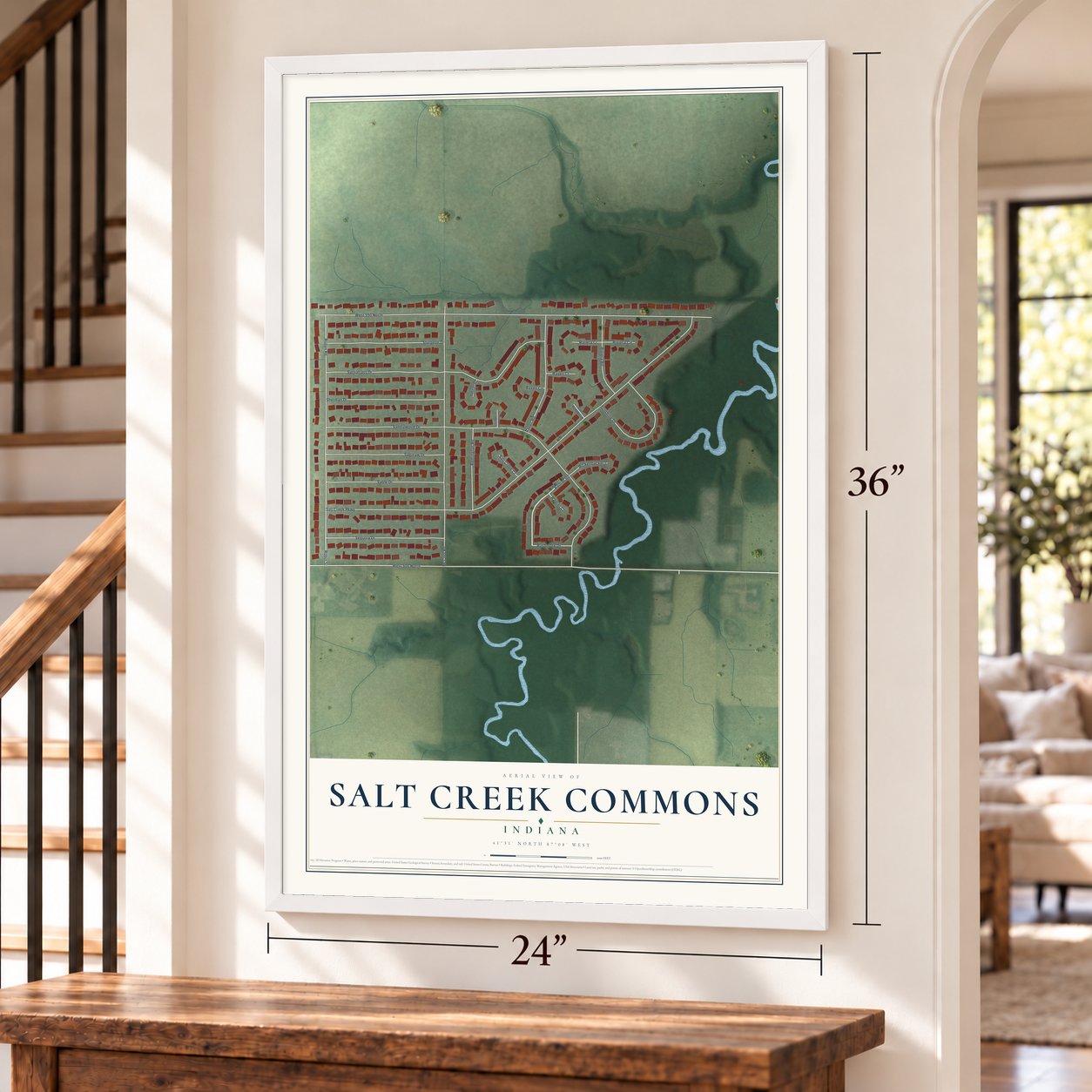 Salt Creek Commons, Indiana map, 24 x 36 inch print in a white frame by a staircase