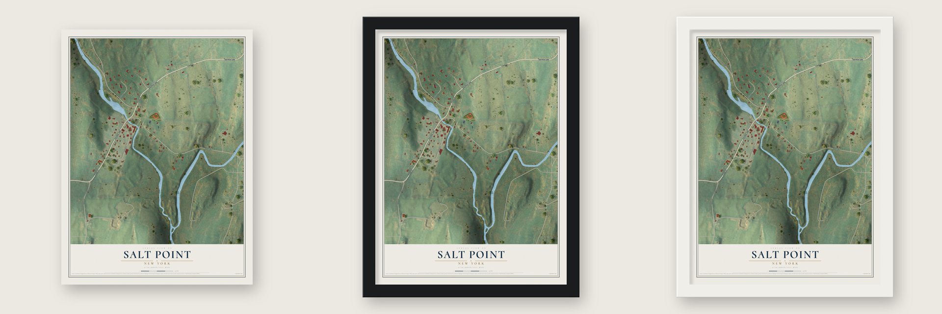 Salt Point, New York map unframed, in a black wood frame and in a white wood frame