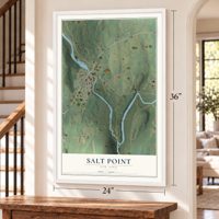 Salt Point, New York map, 24 x 36 inch print in a white frame by a staircase