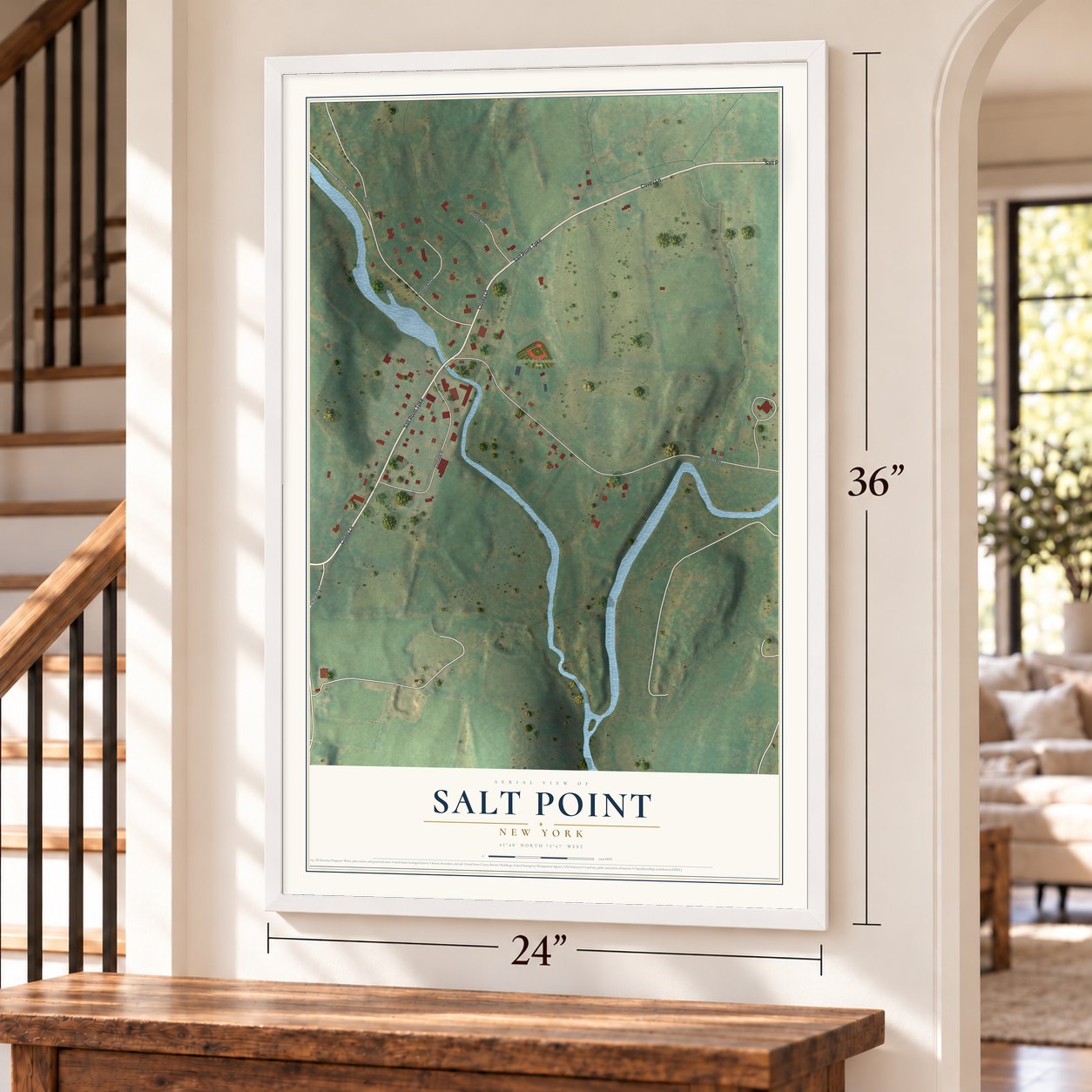 Salt Point, New York map, 24 x 36 inch print in a white frame by a staircase