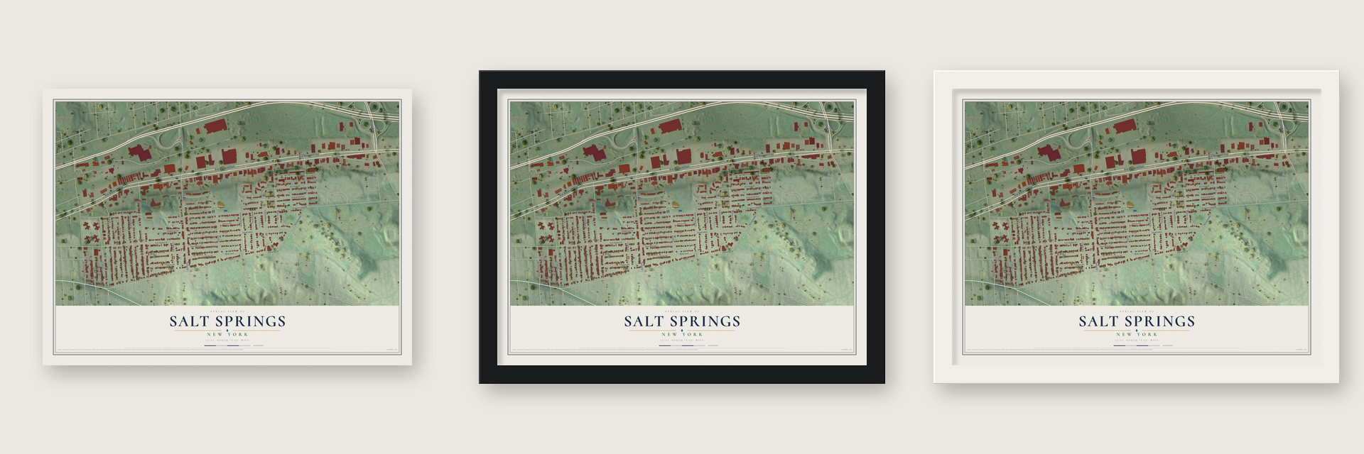 Salt Springs, New York map unframed, in a black wood frame and in a white wood frame