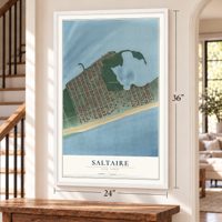 Saltaire, New York map, 24 x 36 inch print in a white frame by a staircase