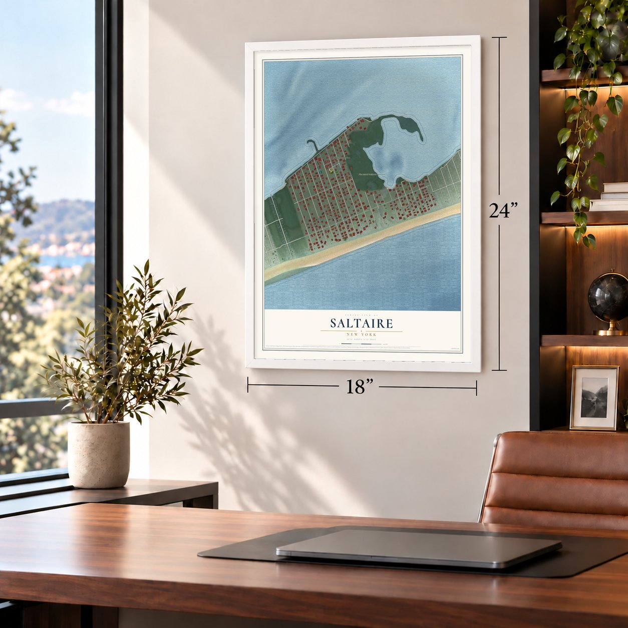 Saltaire, New York map, 18 x 24 inch print in a white frame in a home office
