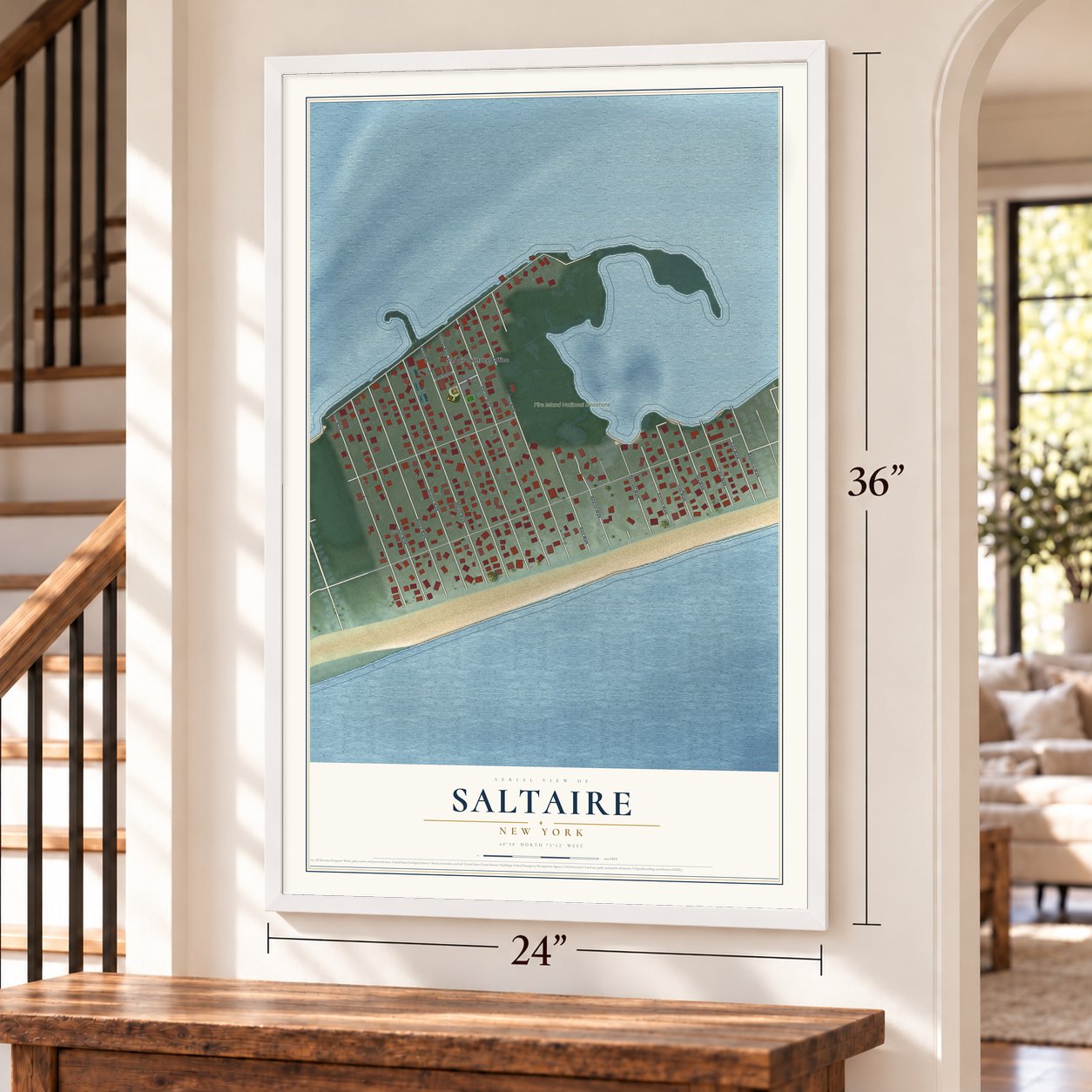 Saltaire, New York map, 24 x 36 inch print in a white frame by a staircase