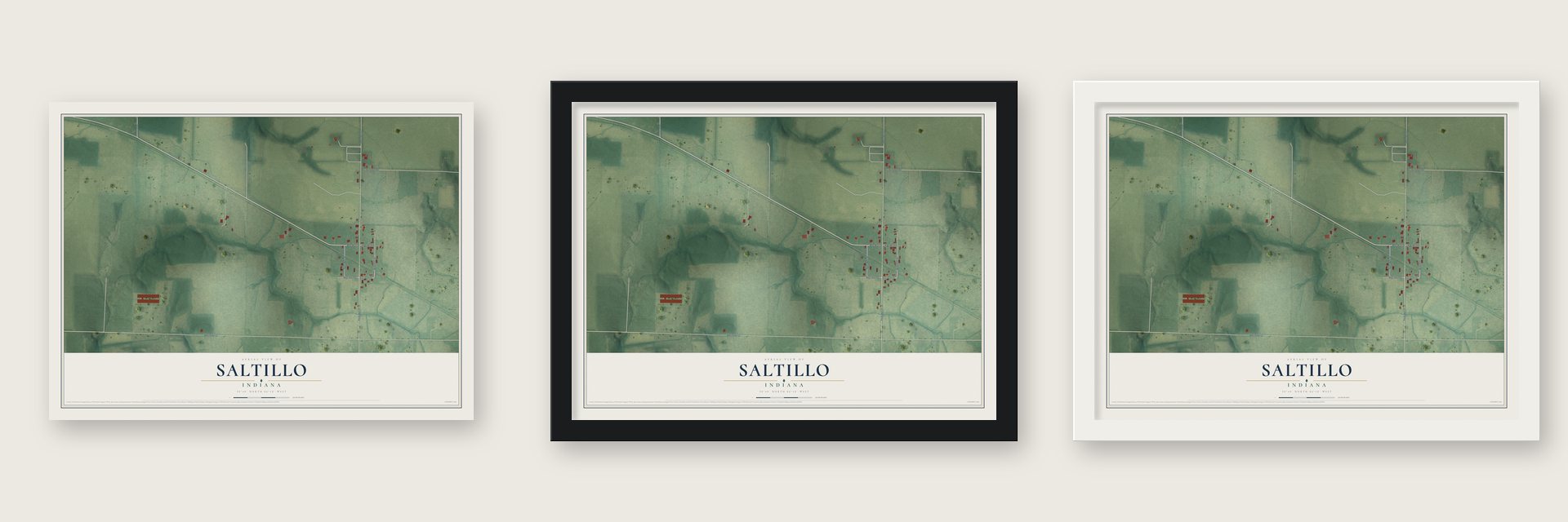 Saltillo, Indiana map unframed, in a black wood frame and in a white wood frame