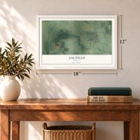 Saltillo, Indiana map, 12 x 18 inch print in a white frame in an entryway