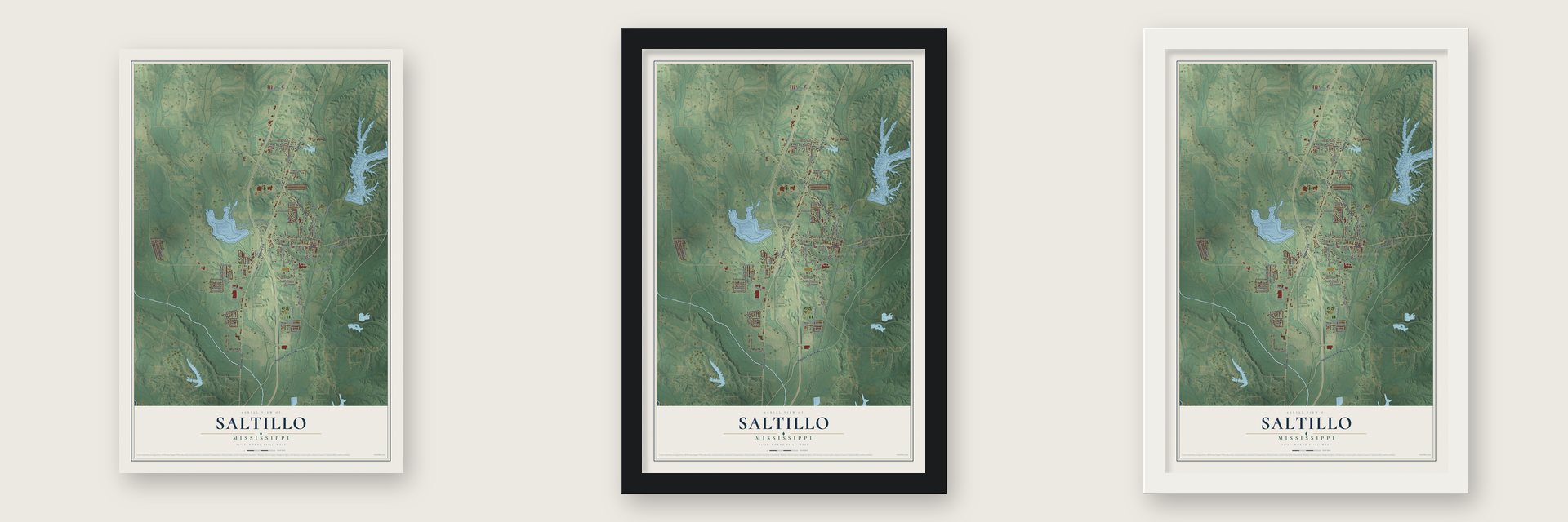 Saltillo, Mississippi map unframed, in a black wood frame and in a white wood frame