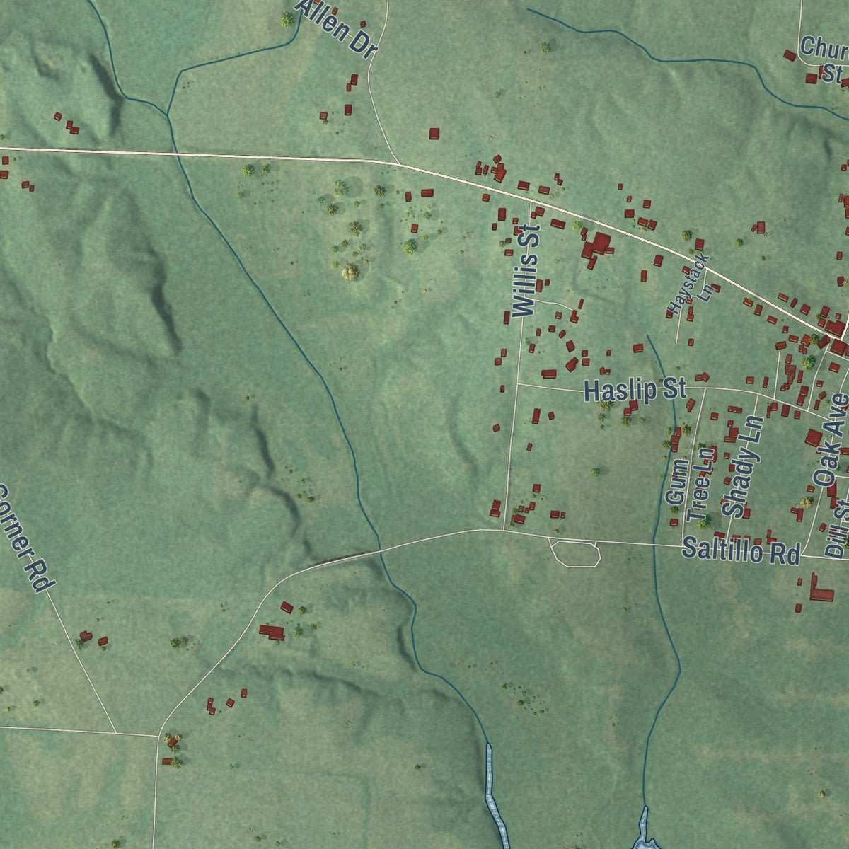 Second close-up of the map of Saltillo, Tennessee print showing more streets and buildings