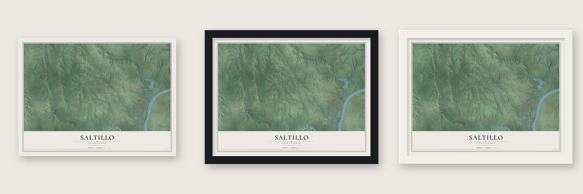 Saltillo, Tennessee map unframed, in a black wood frame and in a white wood frame