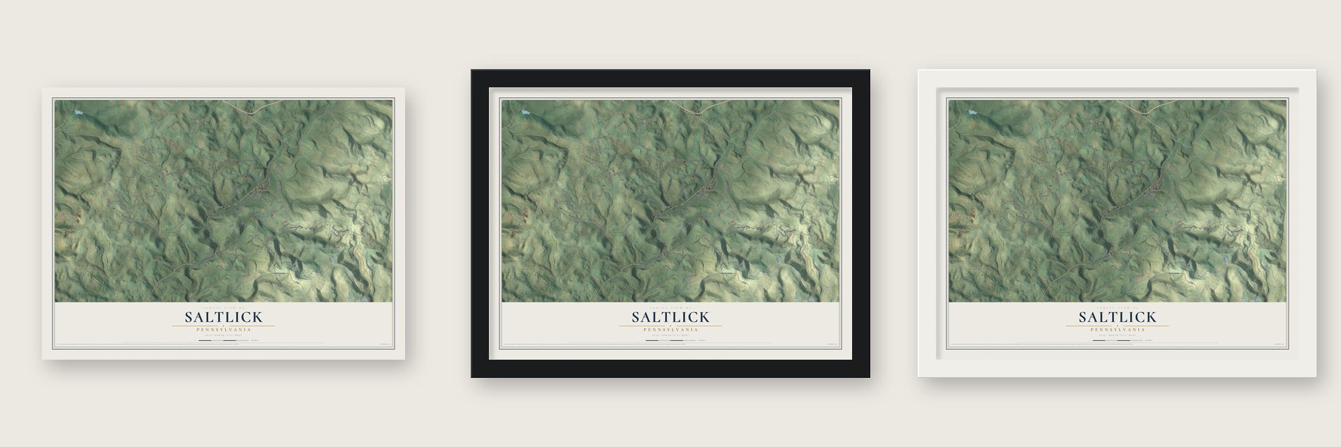 Saltlick, Pennsylvania map unframed, in a black wood frame and in a white wood frame