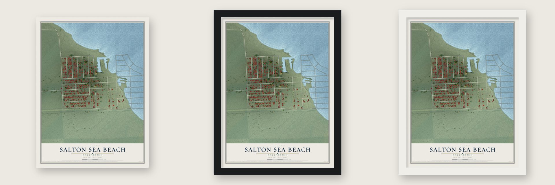 Salton Sea Beach, California map unframed, in a black wood frame and in a white wood frame