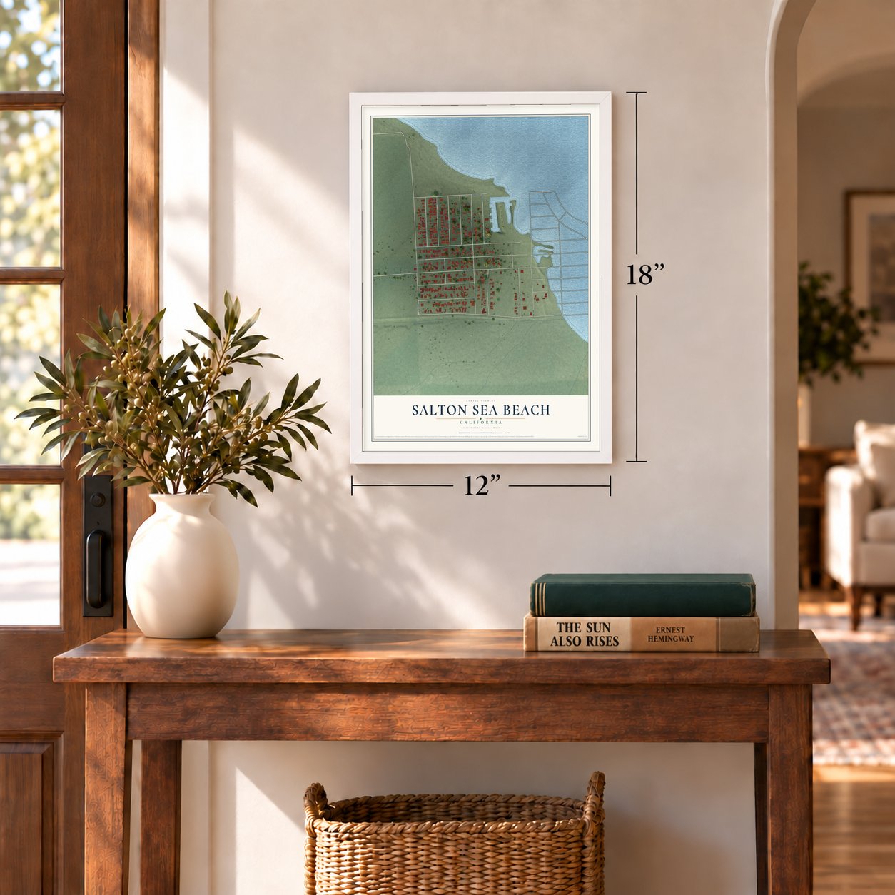 Salton Sea Beach, California map, 12 x 18 inch print in a white frame in an entryway