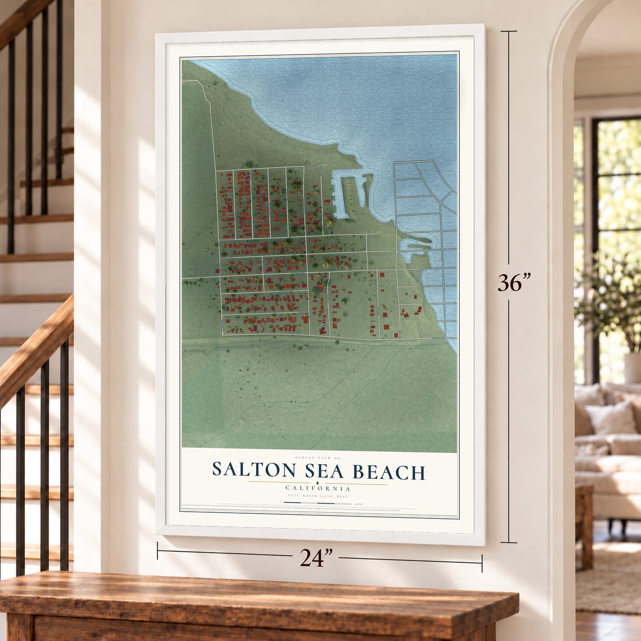 Salton Sea Beach, California map, 24 x 36 inch print in a white frame by a staircase
