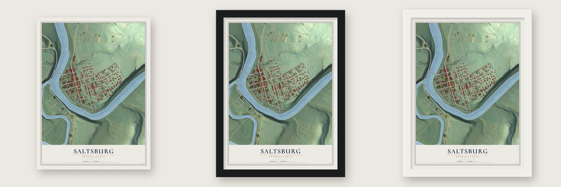Saltsburg, Pennsylvania map unframed, in a black wood frame and in a white wood frame