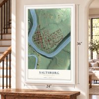 Saltsburg, Pennsylvania map, 24 x 36 inch print in a white frame by a staircase