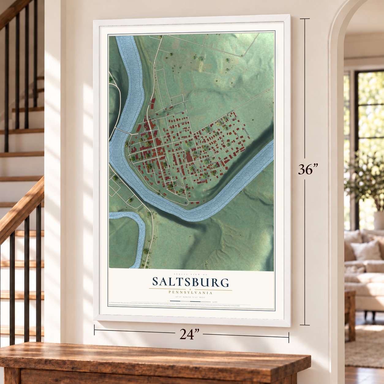 Saltsburg, Pennsylvania map, 24 x 36 inch print in a white frame by a staircase