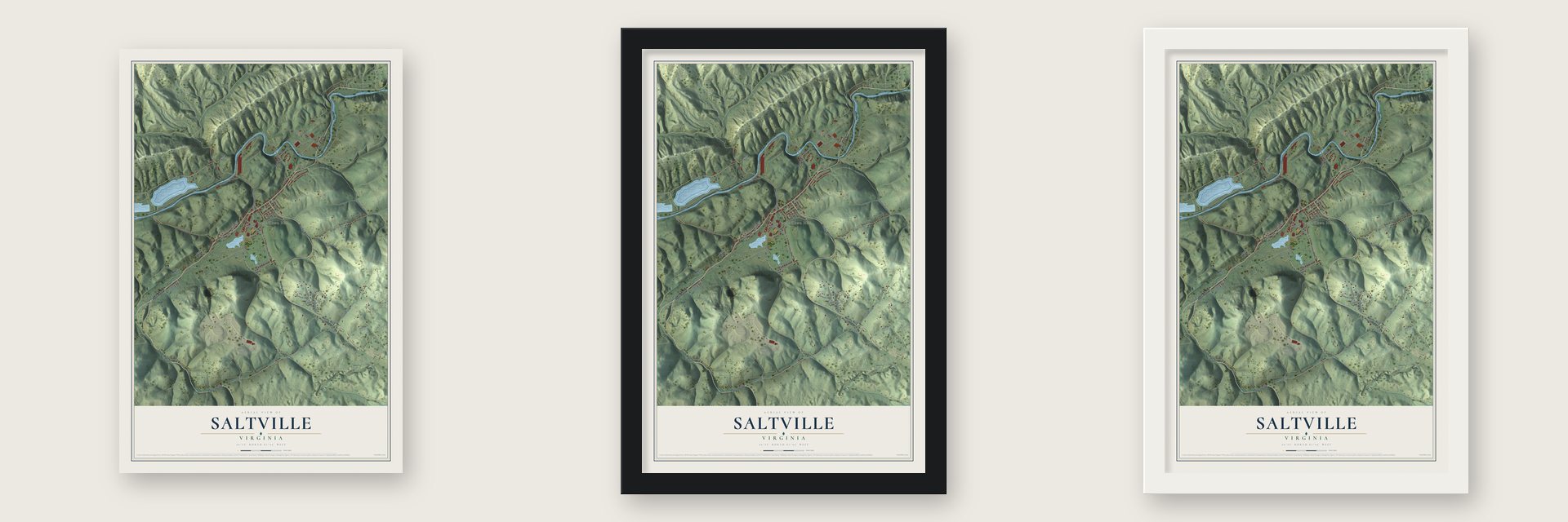 Saltville, Virginia map unframed, in a black wood frame and in a white wood frame