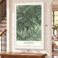Saltville, Virginia map, 24 x 36 inch print in a white frame by a staircase