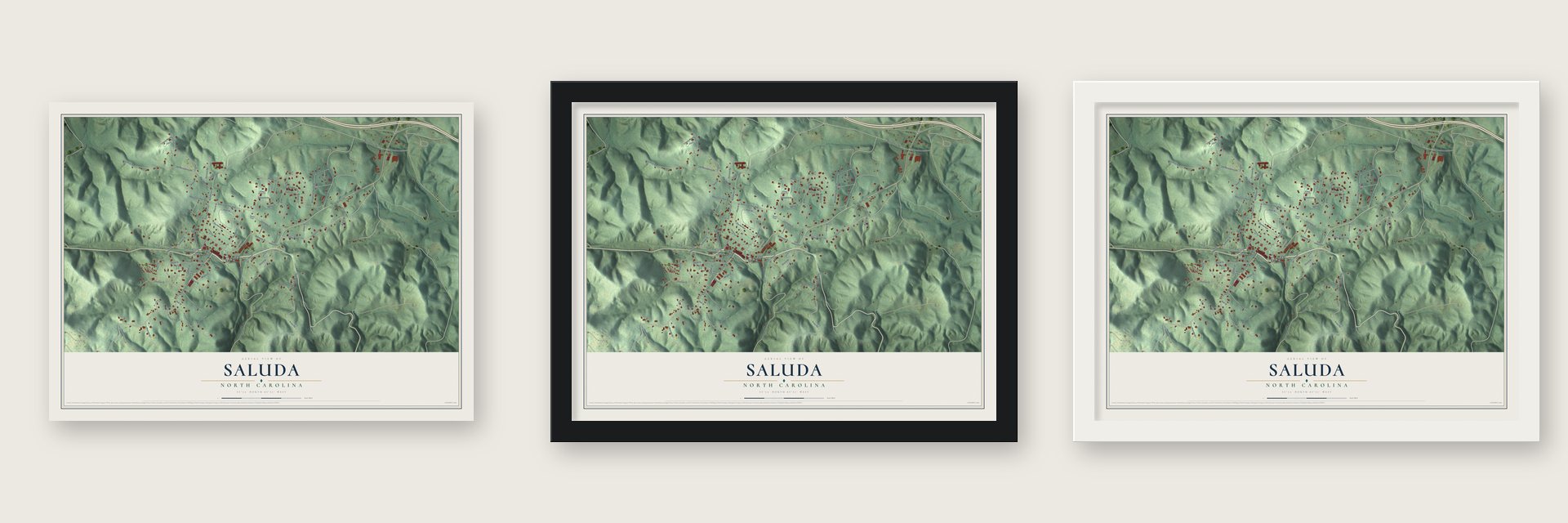 Saluda, North Carolina map unframed, in a black wood frame and in a white wood frame