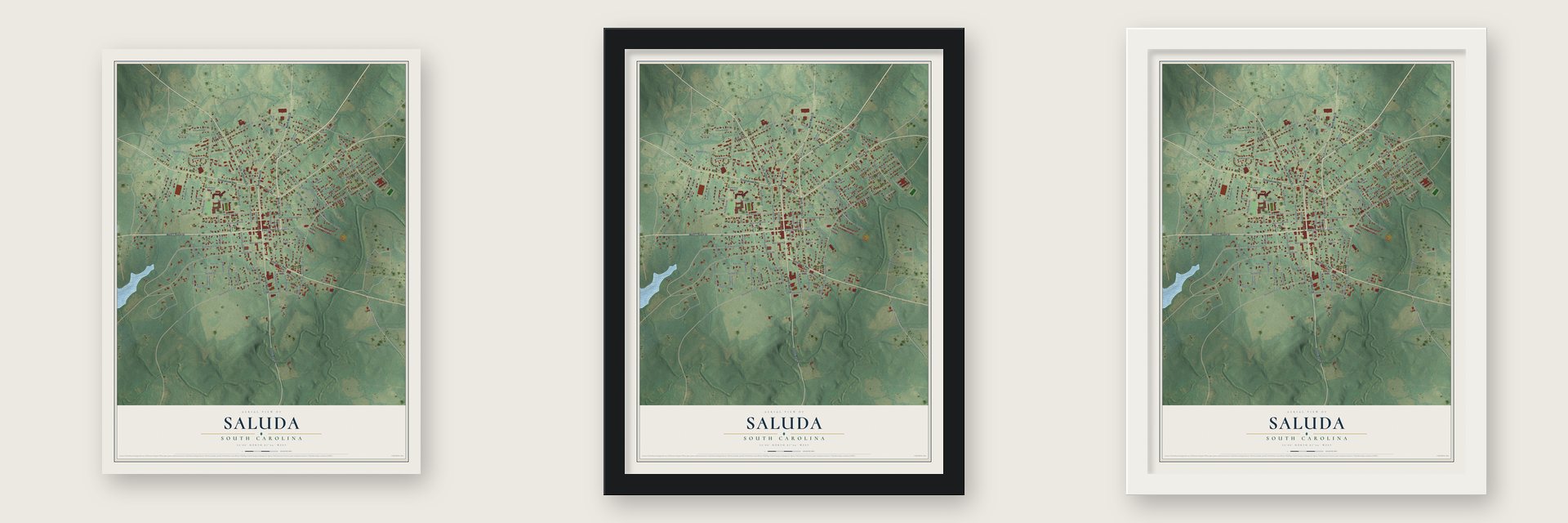 Saluda, South Carolina map unframed, in a black wood frame and in a white wood frame