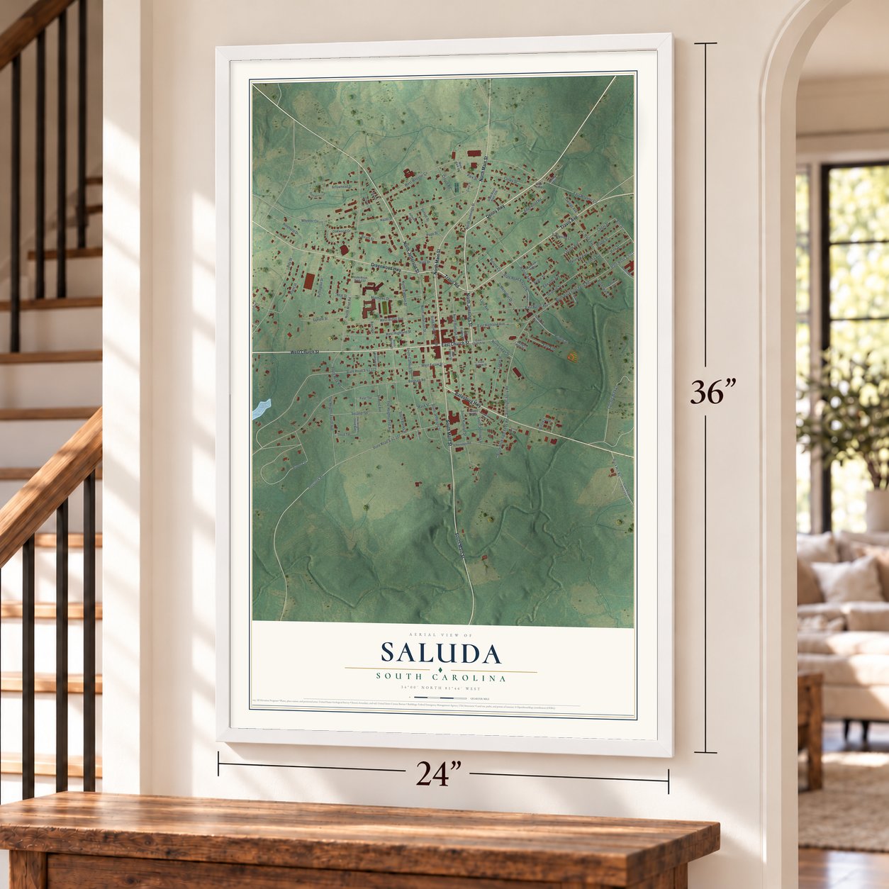 Saluda, South Carolina map, 24 x 36 inch print in a white frame by a staircase
