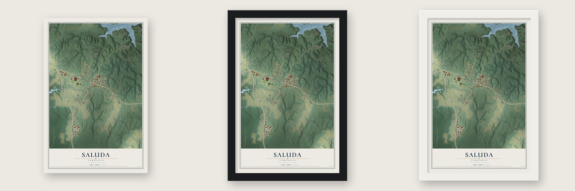 Saluda, Virginia map unframed, in a black wood frame and in a white wood frame