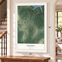 Saluda, Virginia map, 24 x 36 inch print in a white frame by a staircase