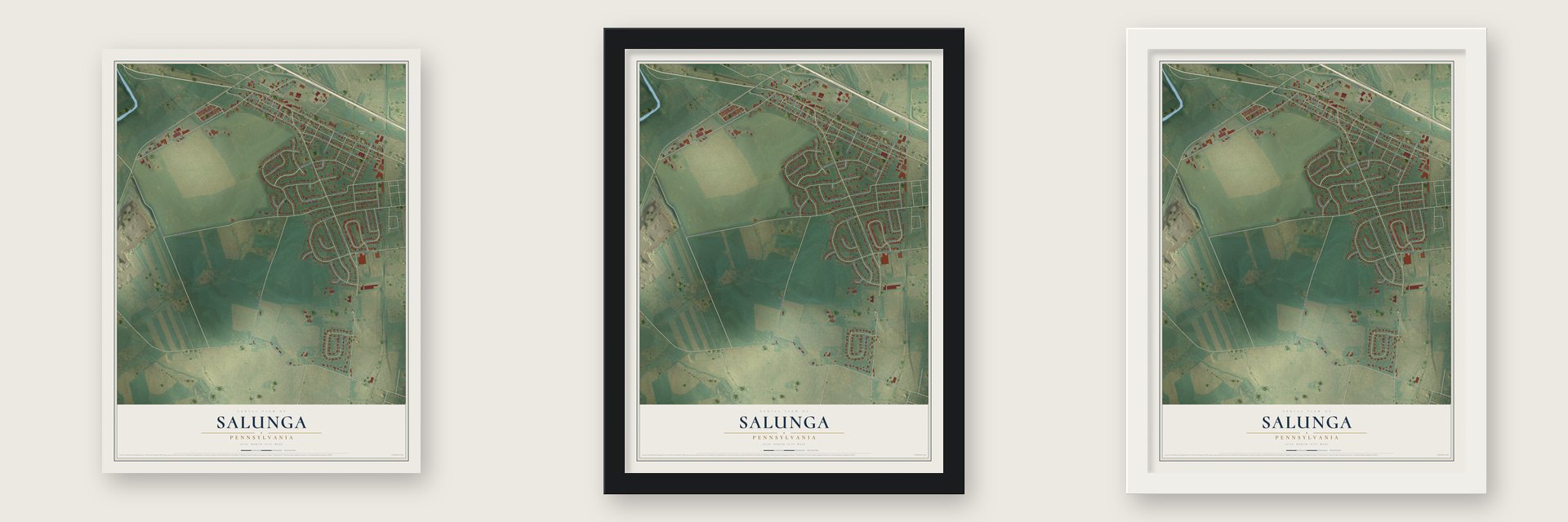 Salunga, Pennsylvania map unframed, in a black wood frame and in a white wood frame