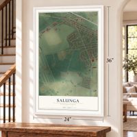 Salunga, Pennsylvania map, 24 x 36 inch print in a white frame by a staircase