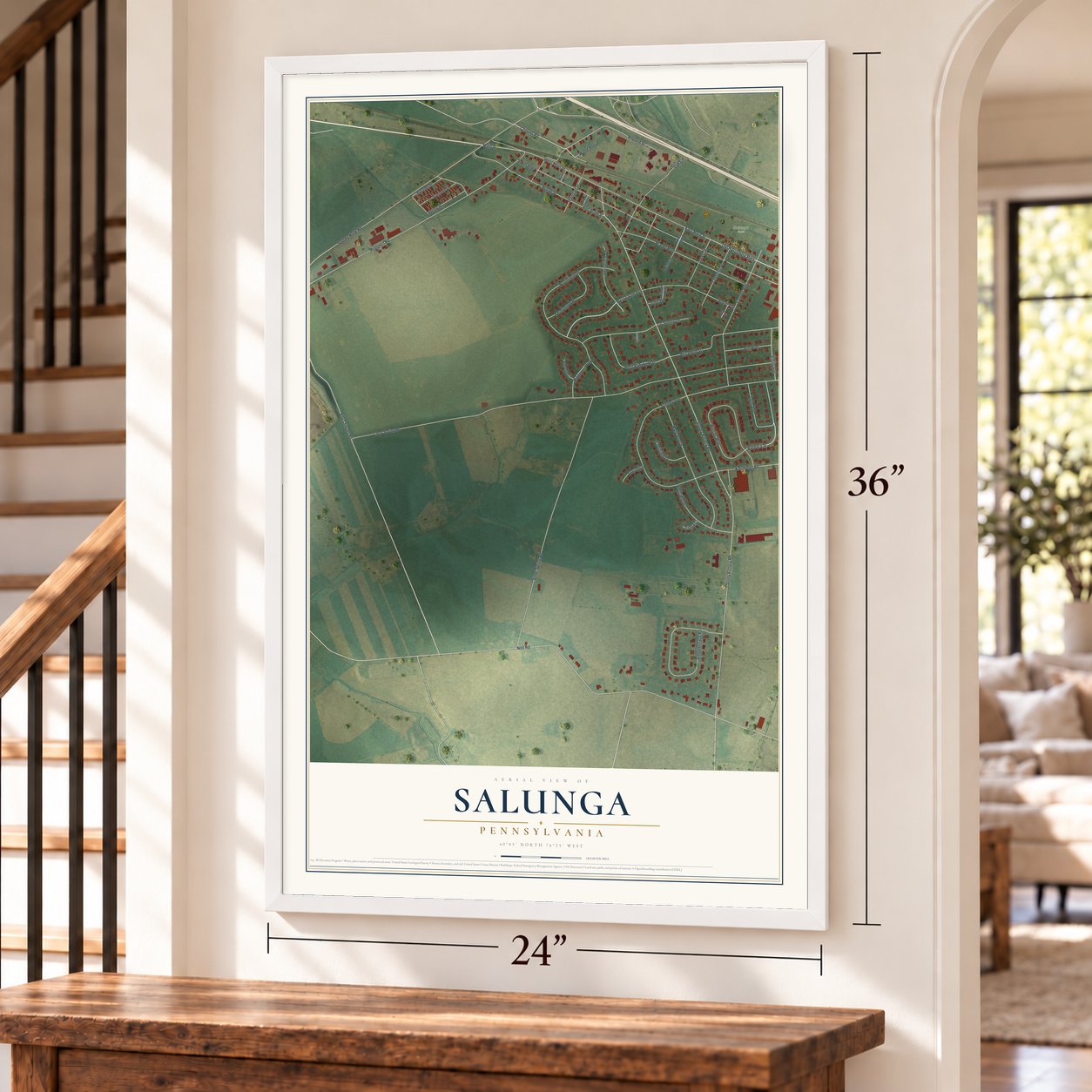 Salunga, Pennsylvania map, 24 x 36 inch print in a white frame by a staircase
