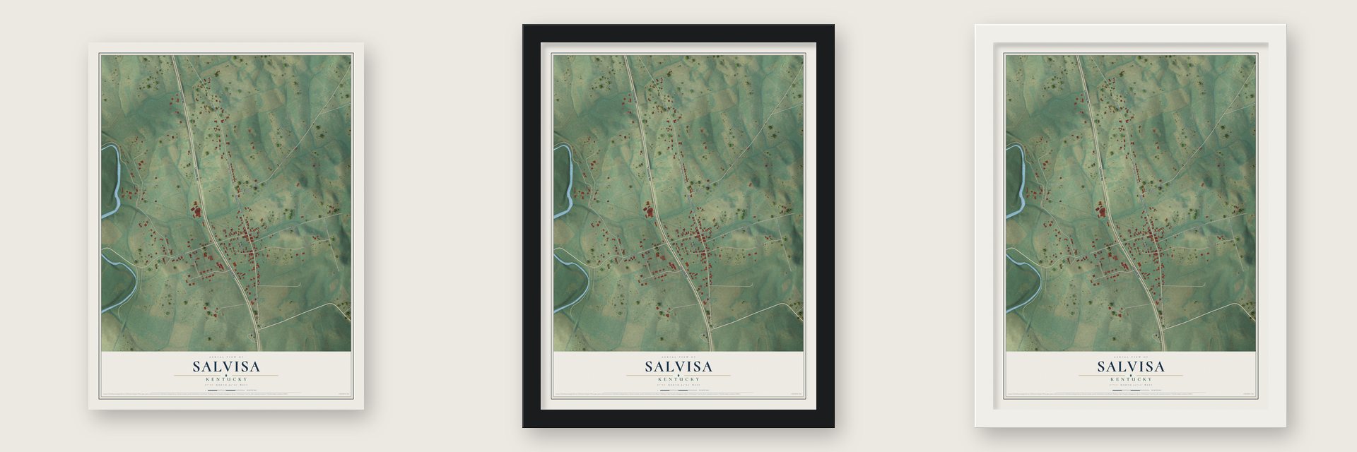 Salvisa, Kentucky map unframed, in a black wood frame and in a white wood frame