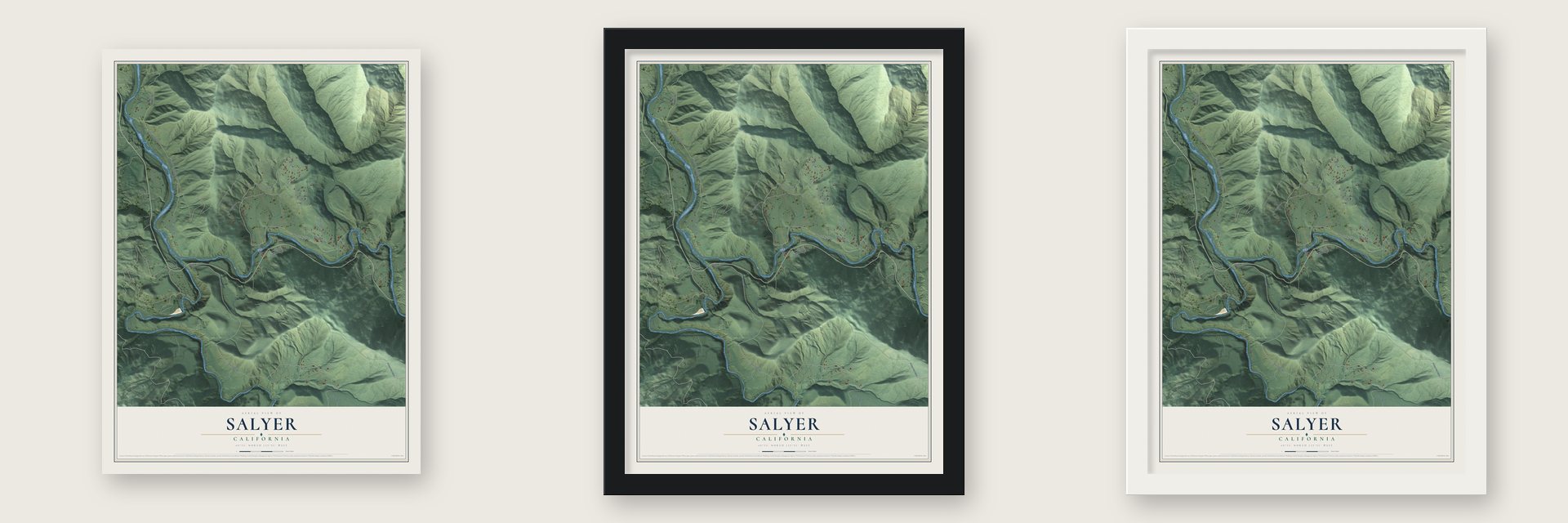 Salyer, California map unframed, in a black wood frame and in a white wood frame