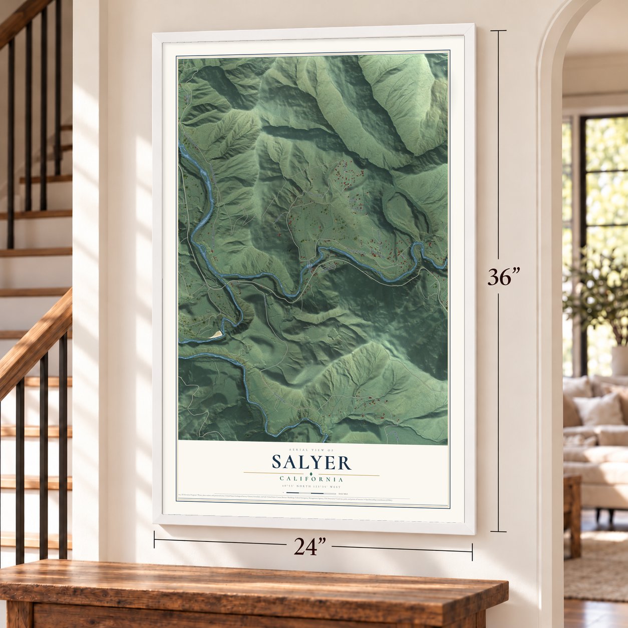 Salyer, California map, 24 x 36 inch print in a white frame by a staircase