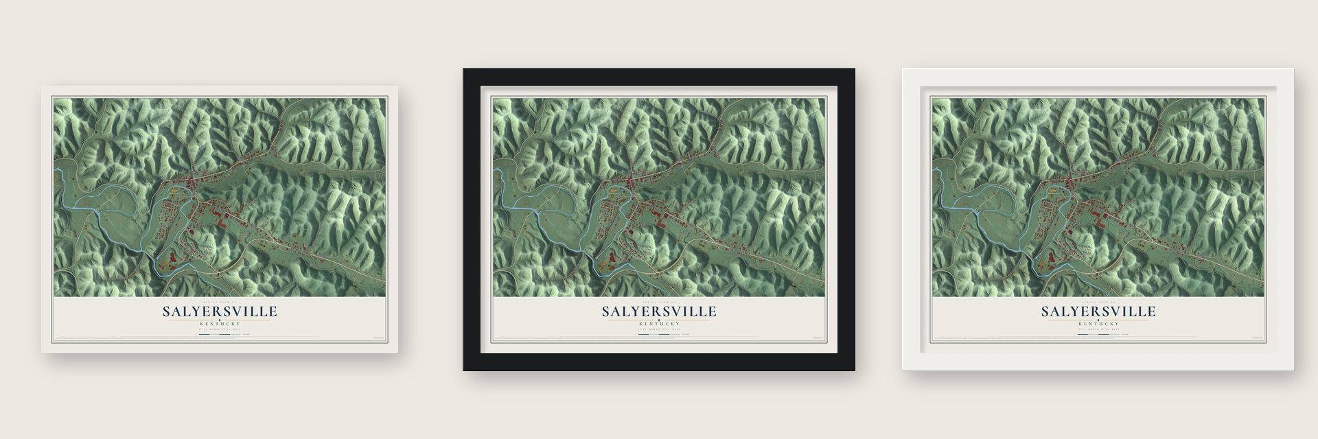 Salyersville, Kentucky map unframed, in a black wood frame and in a white wood frame