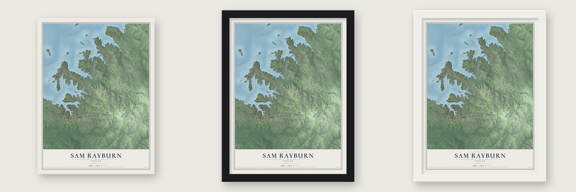 Sam Rayburn, Texas map unframed, in a black wood frame and in a white wood frame
