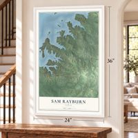 Sam Rayburn, Texas map, 24 x 36 inch print in a white frame by a staircase