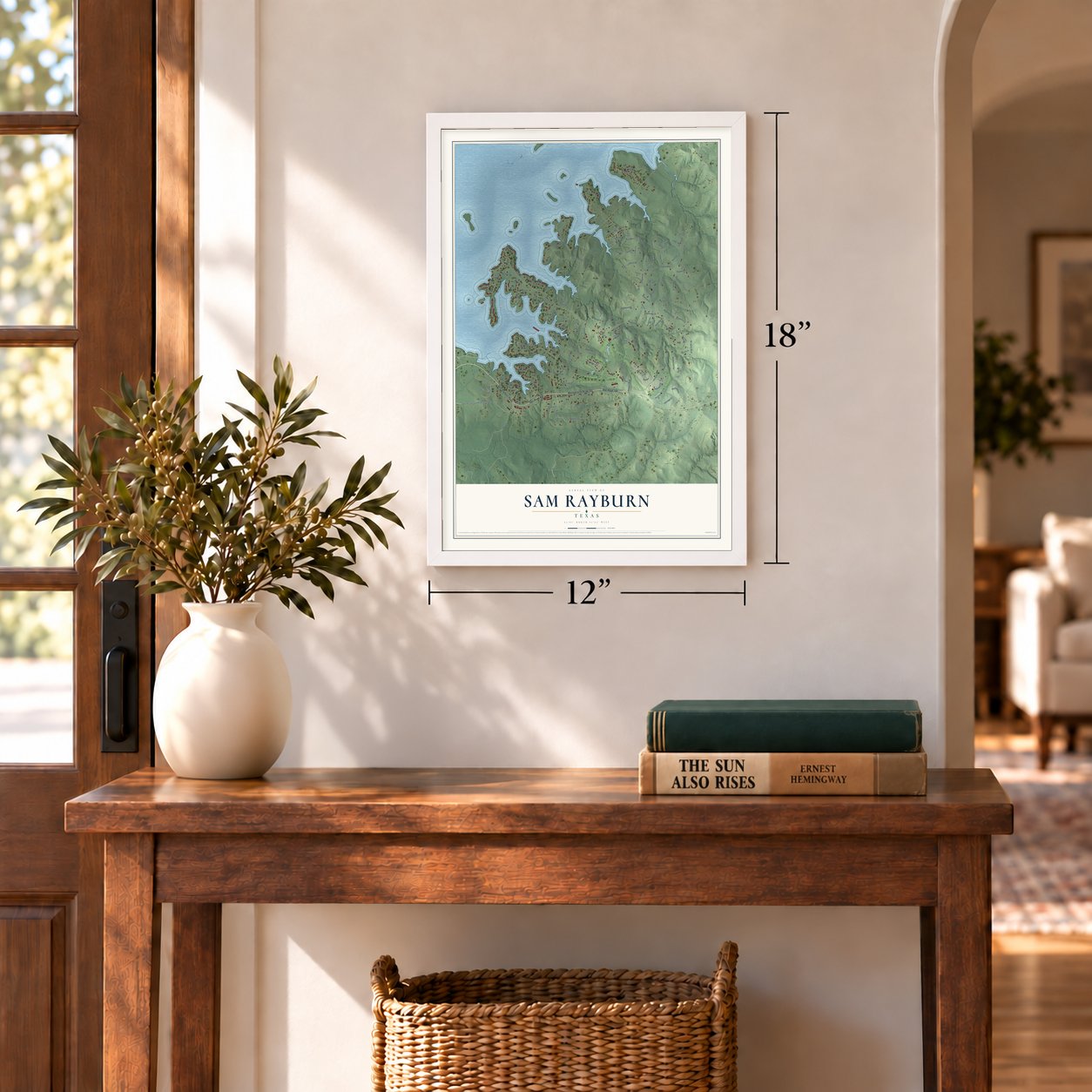 Sam Rayburn, Texas map, 12 x 18 inch print in a white frame in an entryway