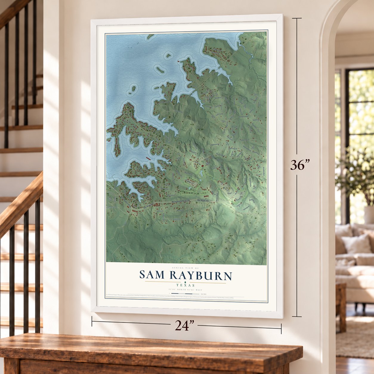 Sam Rayburn, Texas map, 24 x 36 inch print in a white frame by a staircase