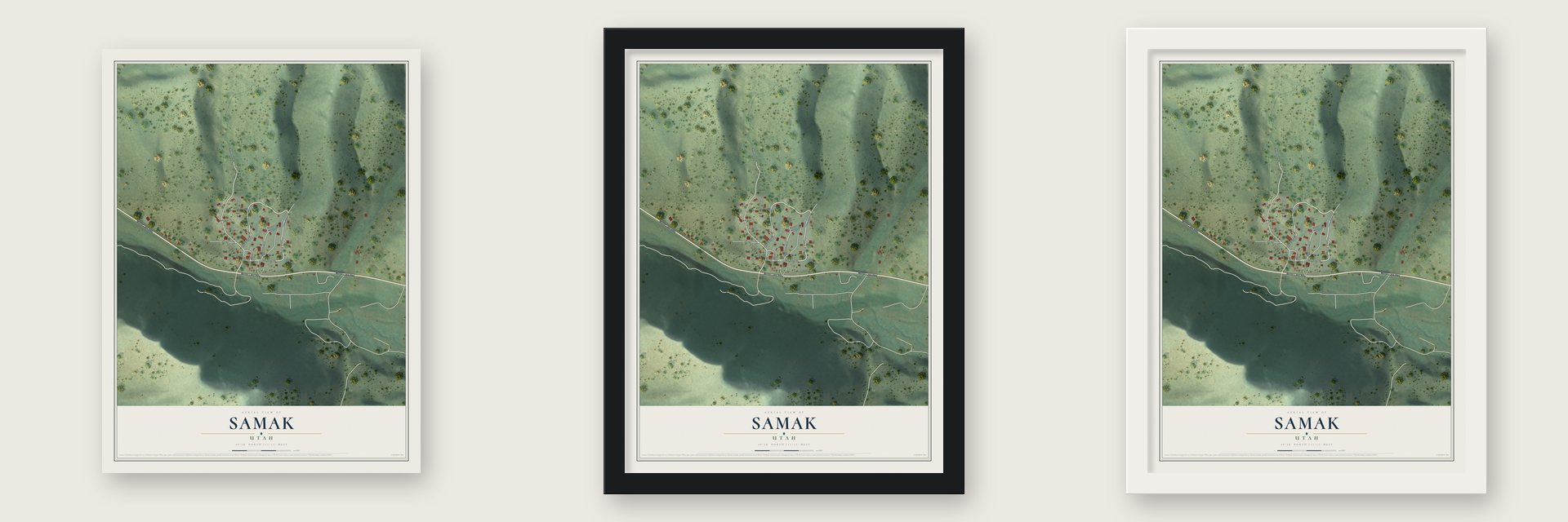 Samak, Utah map unframed, in a black wood frame and in a white wood frame