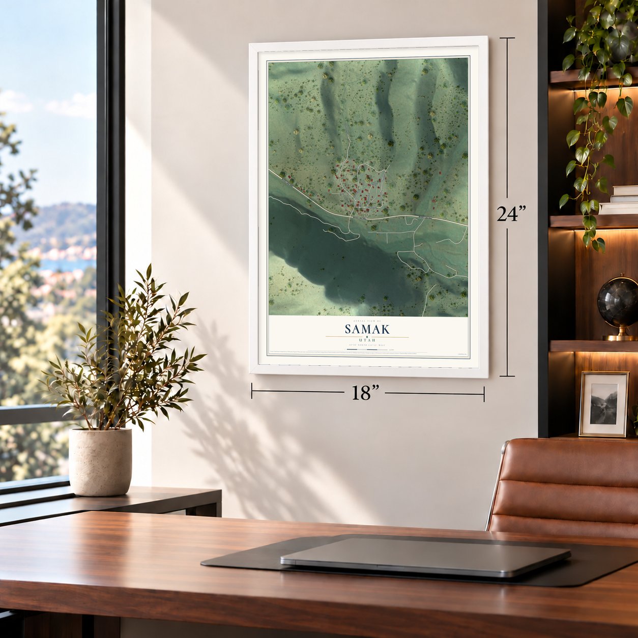 Samak, Utah map, 18 x 24 inch print in a white frame in a home office