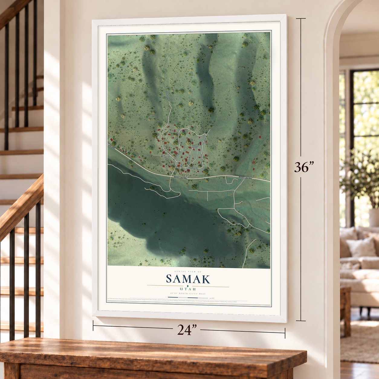 Samak, Utah map, 24 x 36 inch print in a white frame by a staircase