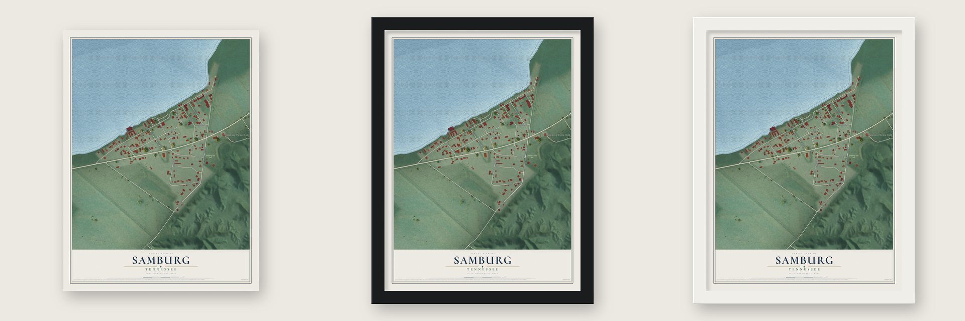 Samburg, Tennessee map unframed, in a black wood frame and in a white wood frame