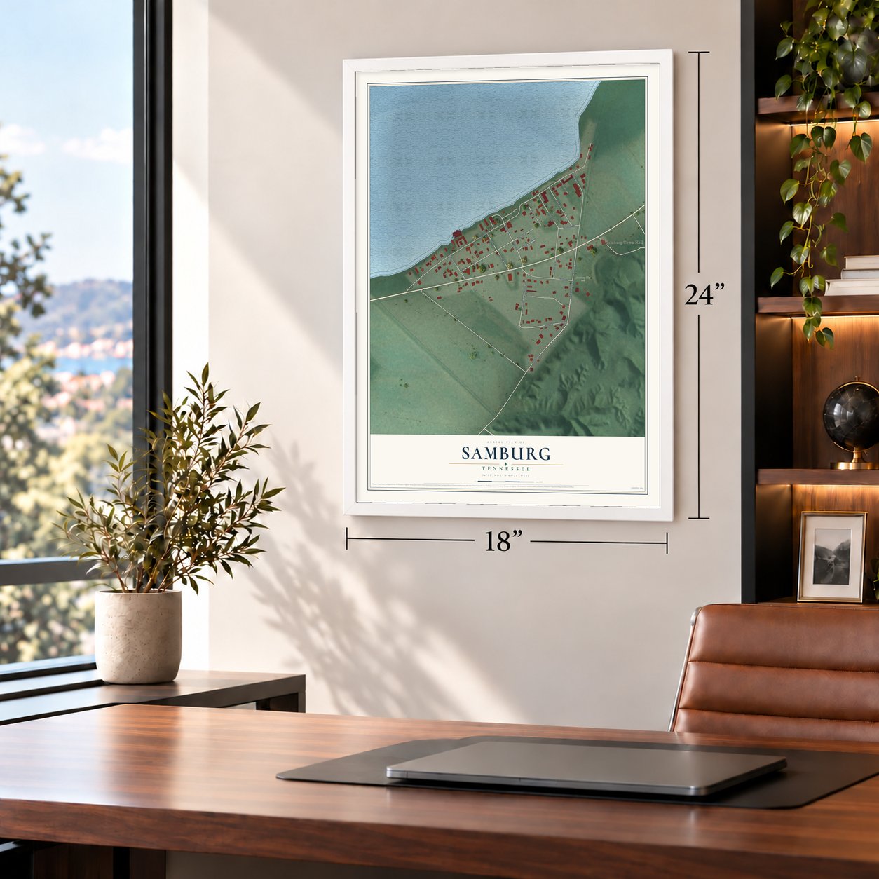 Samburg, Tennessee map, 18 x 24 inch print in a white frame in a home office